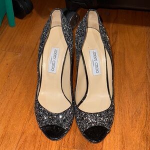 Jimmy Choo Luna Black Glitter Peep Toe Heels